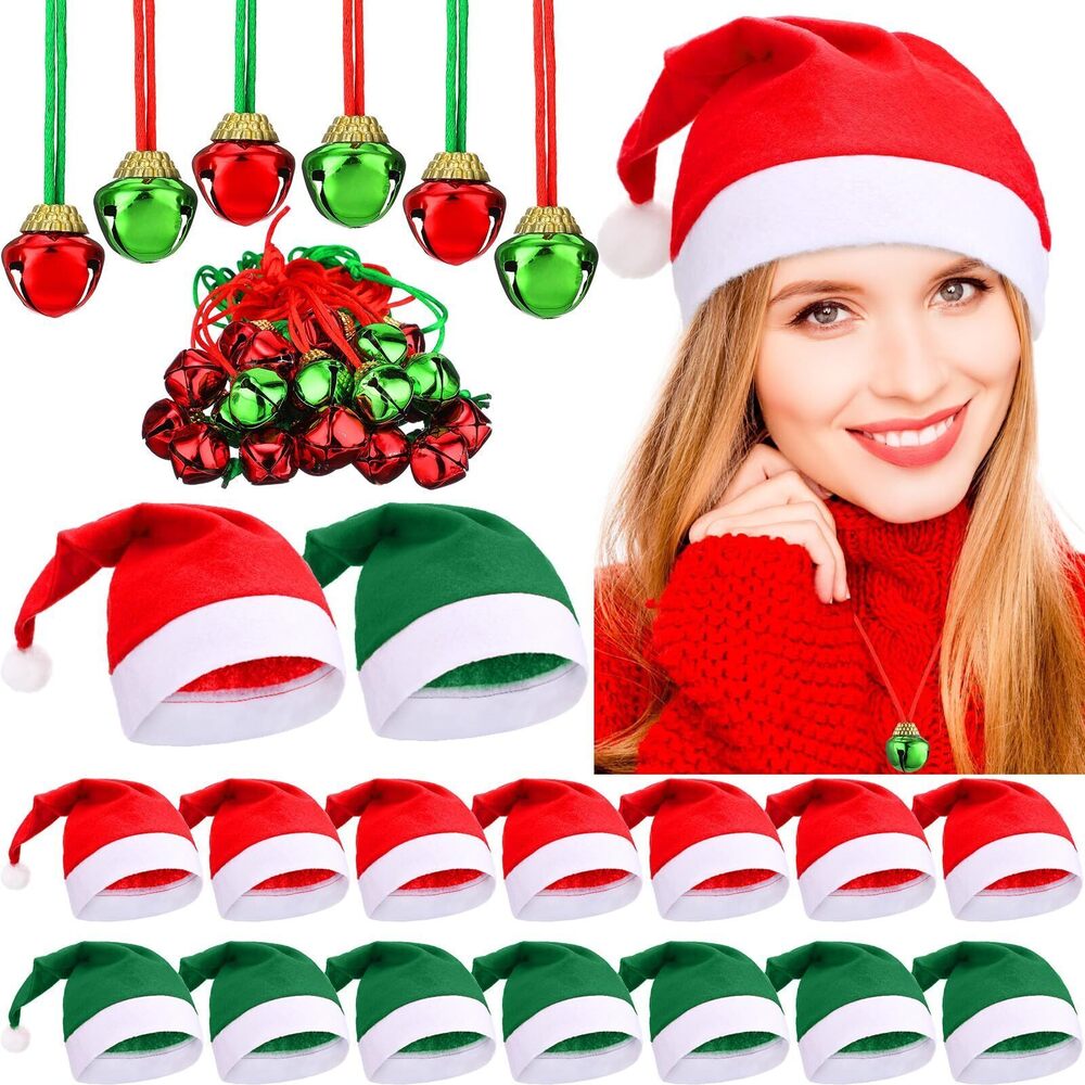 9900 24 Pcs Santa Hat with 24 Pcs Christmas Bell Necklaces Xmas Hat